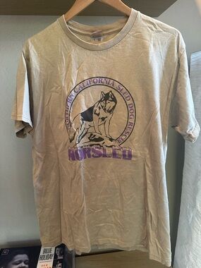 Fruit of the Loom Beige Graphic Tee with Purple Print